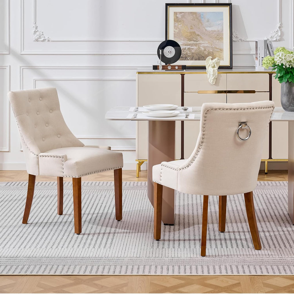 adochr Dining Chairs Set of 4, Upholstered Fabric Dining Room Chairs with Nailhead High Back & Ring Pull & Wooden Legs, Mid-Century Modern Kitchen Chairs for Restaurant, Living Room, Beige
