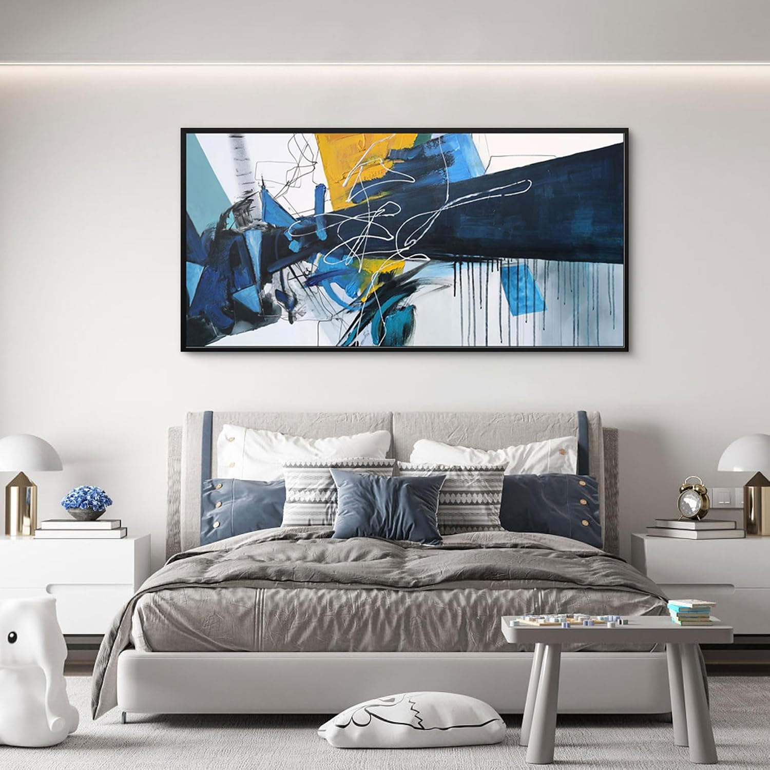 KLAKLA Wall Art for Living Room - Blue Abstract Canvas Pictures Framed Artwork for walls Extra Large Prints for Bedroom Above the Bed Decor