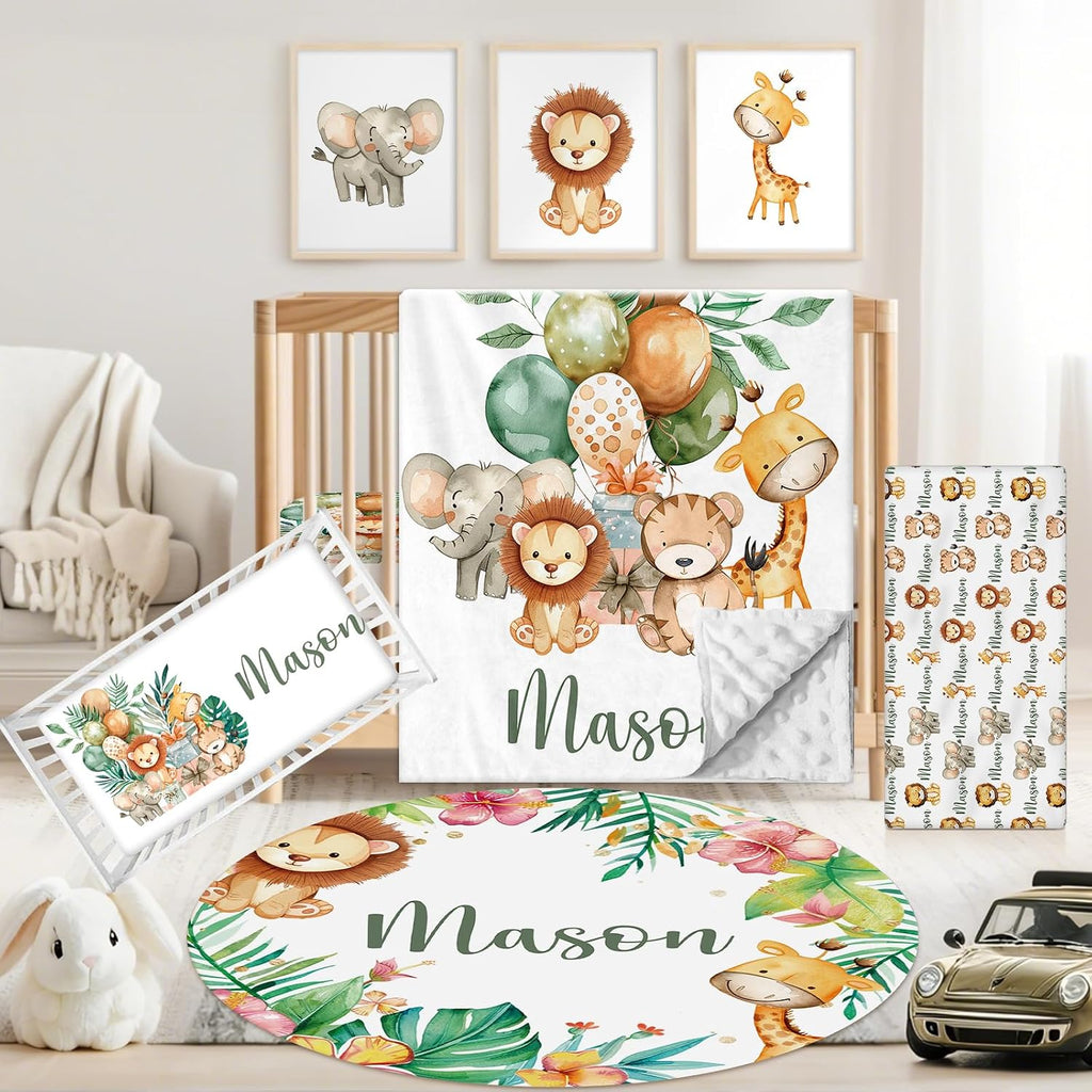Custom Baby Crib Bedding Set, 5 PCS Personalized Name Baby Crib Sets for Girls Boys, Forest Animals Theme Nursery Bedding Sets for Infant Toddler, Double Layer Flannel Bed Set Customized Gifts