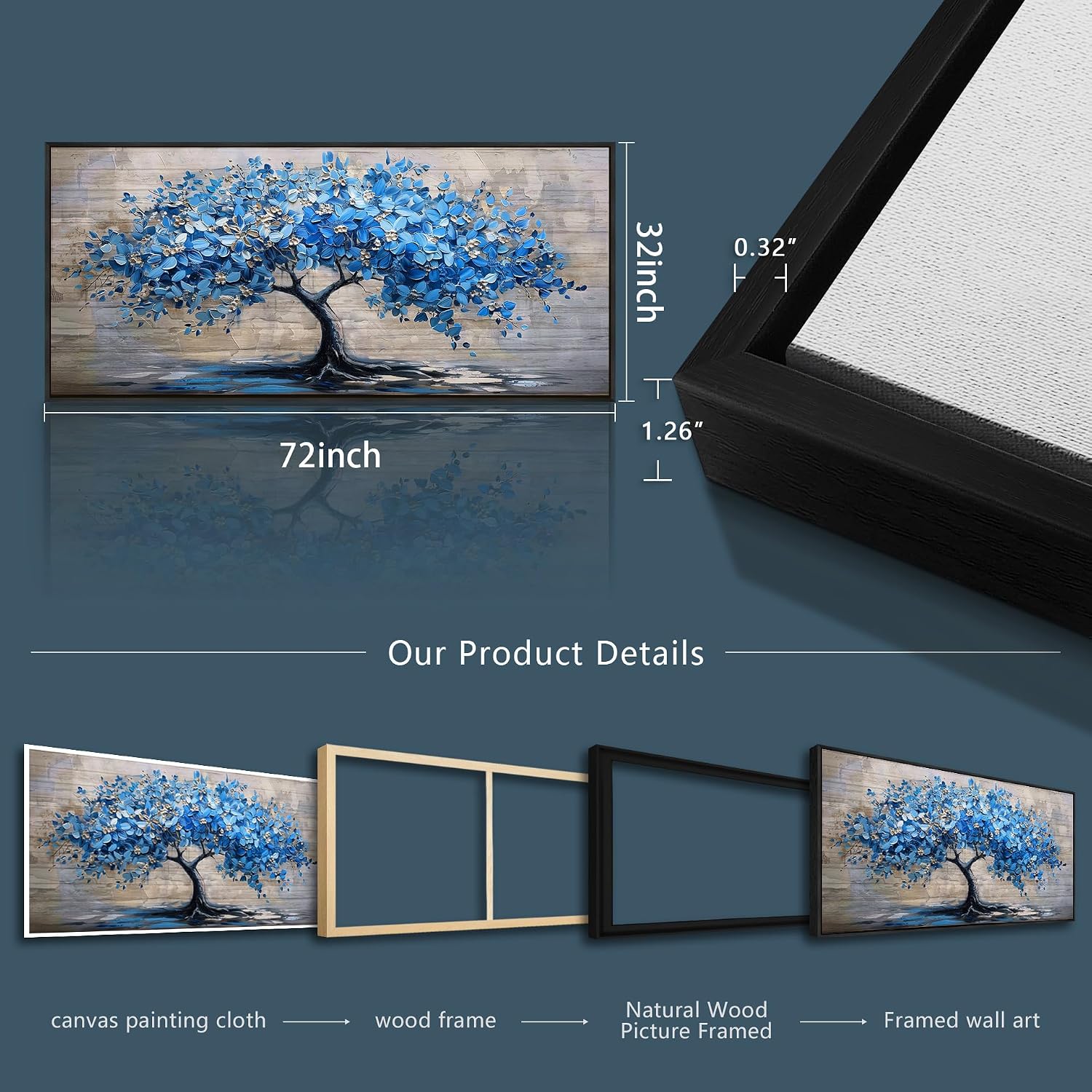 ERQINHUA Large Canvas Blue Tree Printed Painting Wall Decor For Living Room Office Wall Art For Bedroom Abstract Farmhouse Restaurant Mural Artwork Picture Home Decoration Black Framed 32x72 In