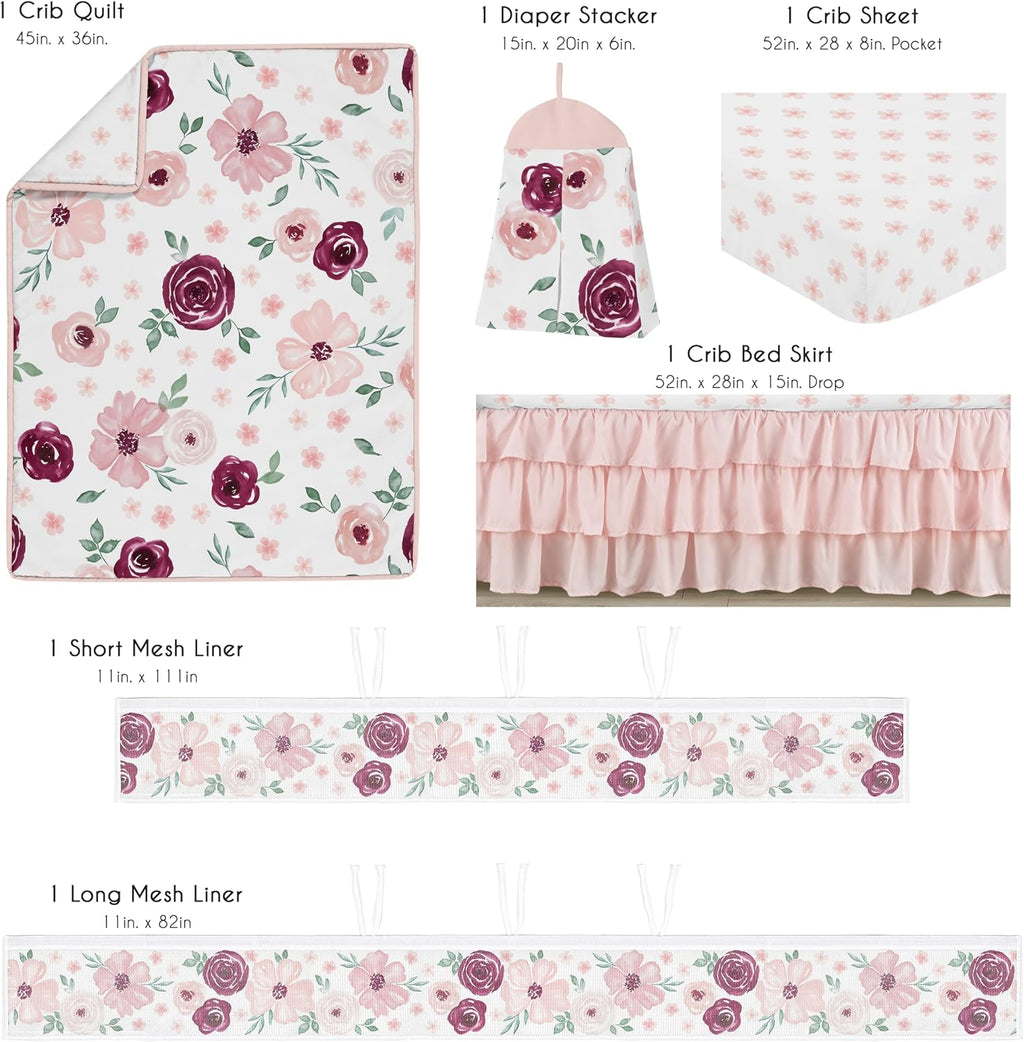 Sweet Jojo Designs 6-Piece Baby Crib Bedding Set (Burgundy Red Boho Floral) for Girls, Infants/Nursery incl. BreathableBaby Mesh Liner Blanket, Fitted Sheet, Skirt, Diaper Stacker (Pink, Shabby Chic)
