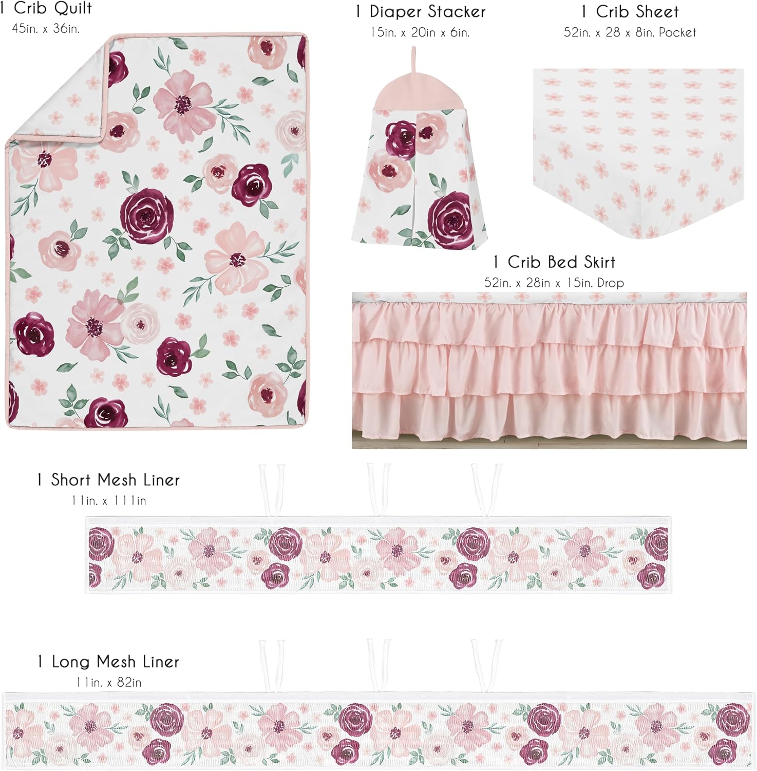 Sweet Jojo Designs 6-Piece Baby Crib Bedding Set (Burgundy Red Boho Floral) for Girls, Infants/Nursery incl. BreathableBaby Mesh Liner Blanket, Fitted Sheet, Skirt, Diaper Stacker (Pink, Shabby Chic)