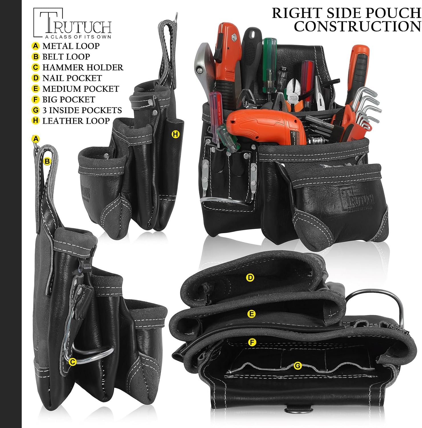 Grain Leather Tool Belt | Tools Pouch | Drywall Tool Belt | Carpenter Tools Bag | Leather Tool Belts for Men | Construction | Framers | Electrician (Black)