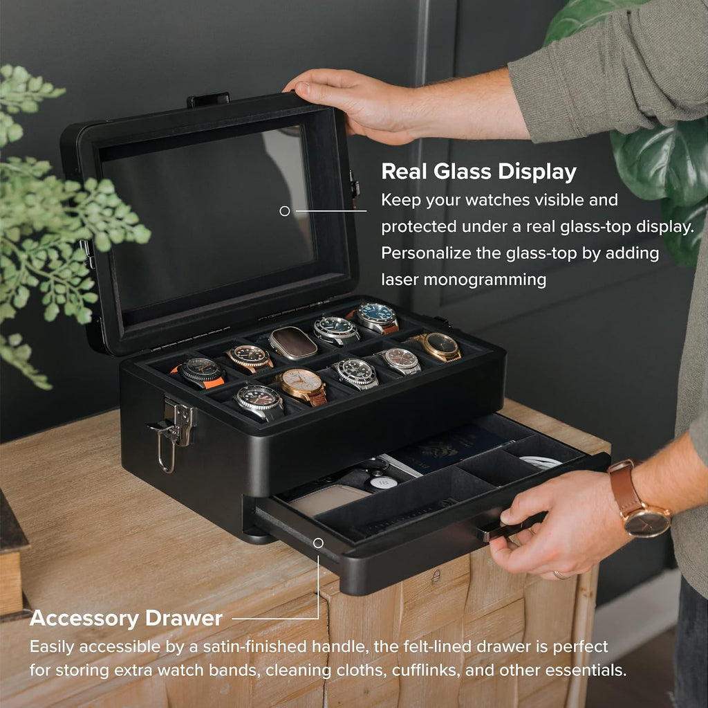CASE ELEGANCE Black Edition Military 10 Slot Watch Box Case Organizer for Men, Real Glass Top, Modular Valet Tray, Apple Watch Compatible with Apple Watch Stand, Accessory Drawer, Watch Pillow Stands