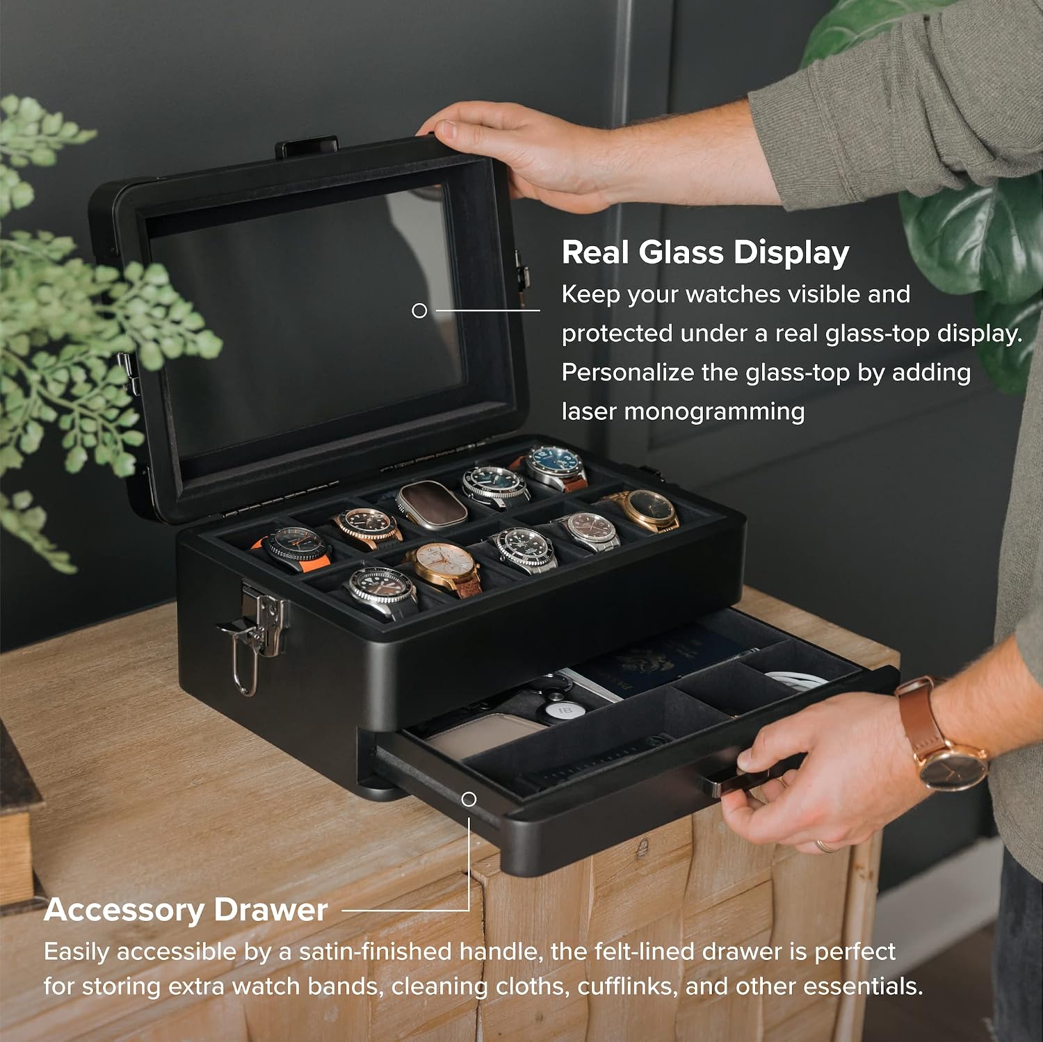 CASE ELEGANCE Black Edition Military 10 Slot Watch Box Case Organizer for Men, Real Glass Top, Modular Valet Tray, Apple Watch Compatible with Apple Watch Stand, Accessory Drawer, Watch Pillow Stands