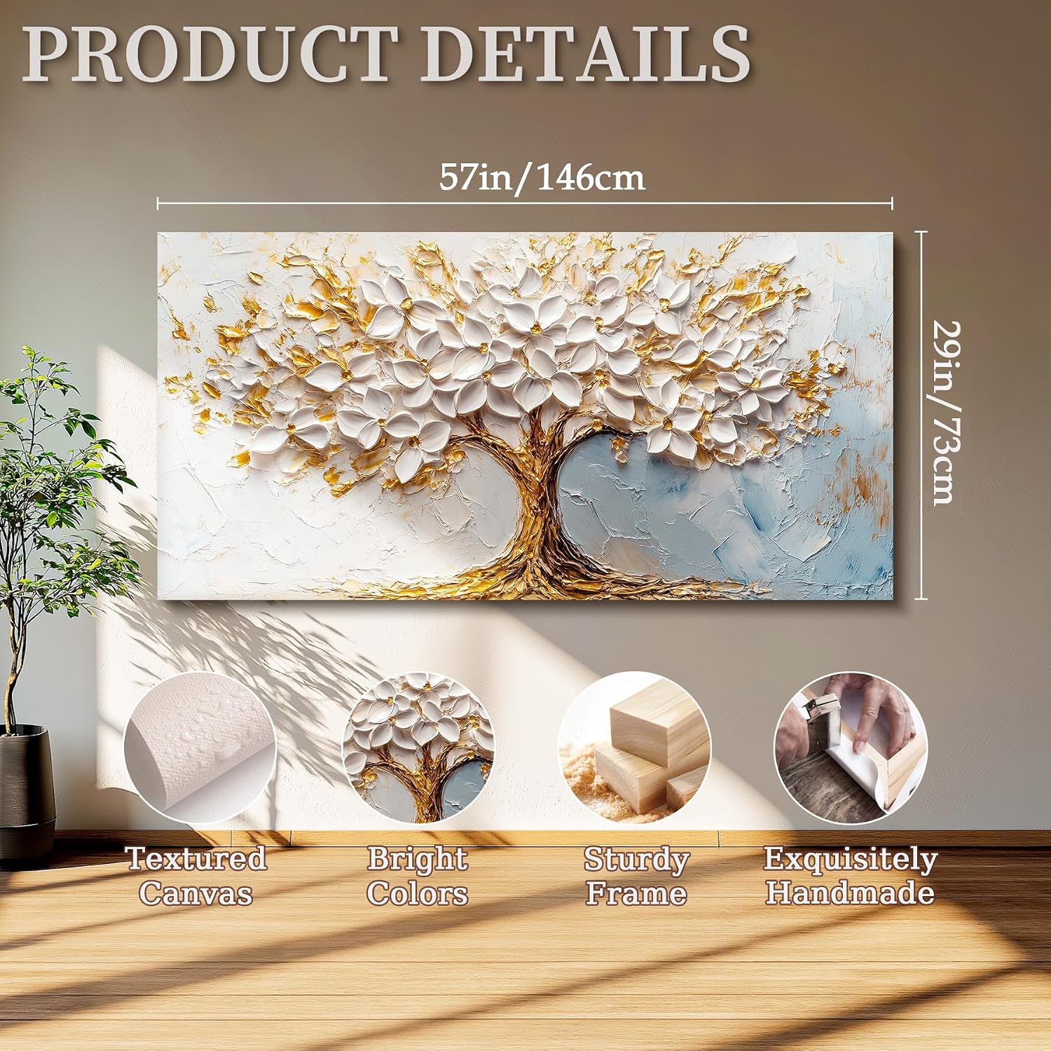SERIMINO Tree of Life Wall Art, White Gold Tree Extra Large Artwork, Neutral Aesthetic Abstract Art Wall Decor, Modern Fantasy Pictures for Living Room Dining Room Office Canvas Prints 29'X57'