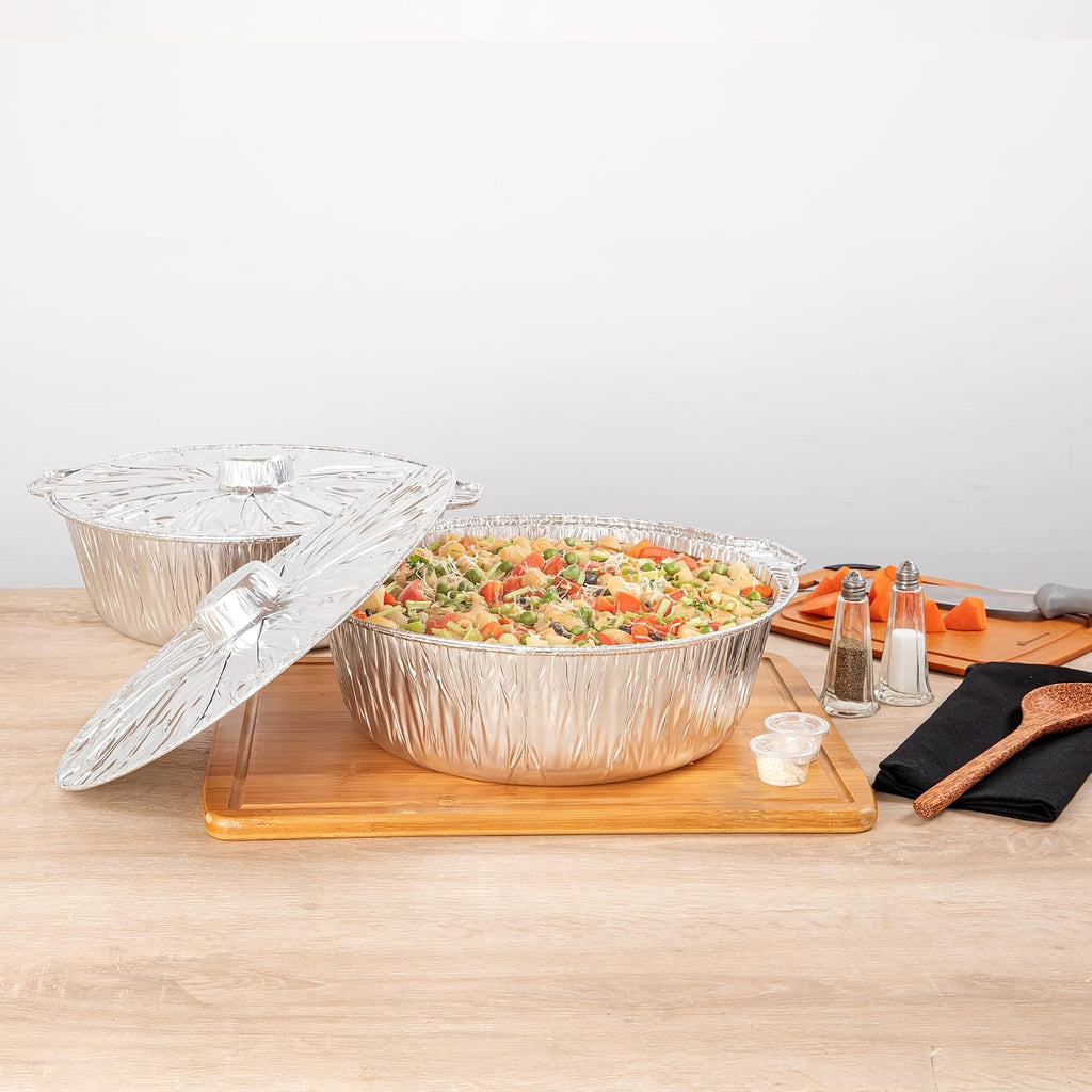 Foil Lux 8.5 Quart Pans And Lids, 50 Disposable Pots With Lids - Oven-Ready, Stove Compatible, Aluminum Foil Baking Pans, Freezable, For Outdoor Camping, Vacation, Picnic, And More - Restaurantware