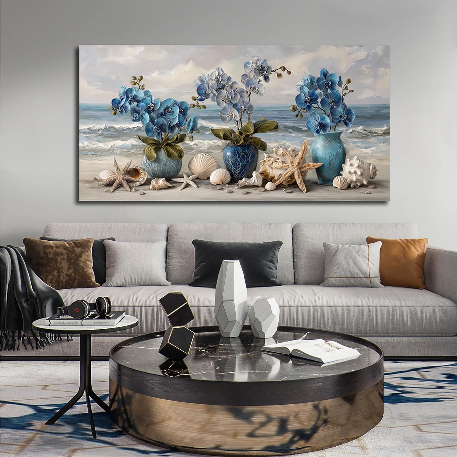 AOZEMI Vase Wall Art Large Seascape Wall Decor Beach Canvas Art Coastal Ocean Pictures Flower Poster Starfish Conch Shell Print Art for Bedroom Bathroom Living Room Office 29'x 59'