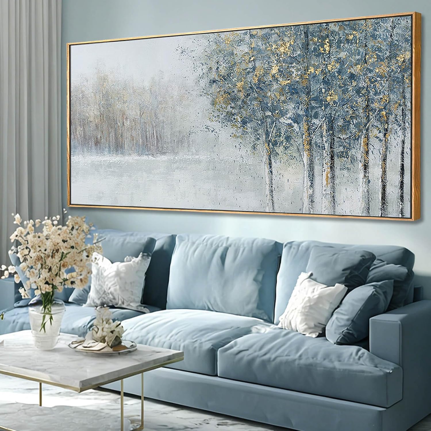 Grey Blue Tree of Life Wall Art 29x58 Inch, Large Framed Canvas Artwork with Wooden Frame, Pictures for Bedroom Wall Decor, Contemporary Forest Painting for Living Room or Hallway