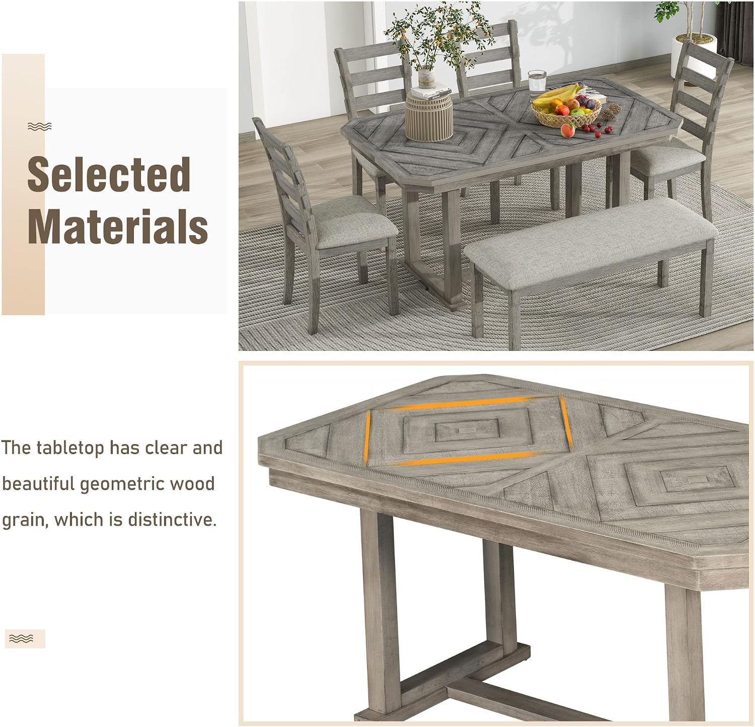 Solid Wood 6-Piece Dining Room Table Set with Beautiful Wood Grain Pattern Tabletop, Rustic Style Kitchen Dining Table Set with 4 Padded Ergonomic Chairs & a Bench (Gray-Grain)