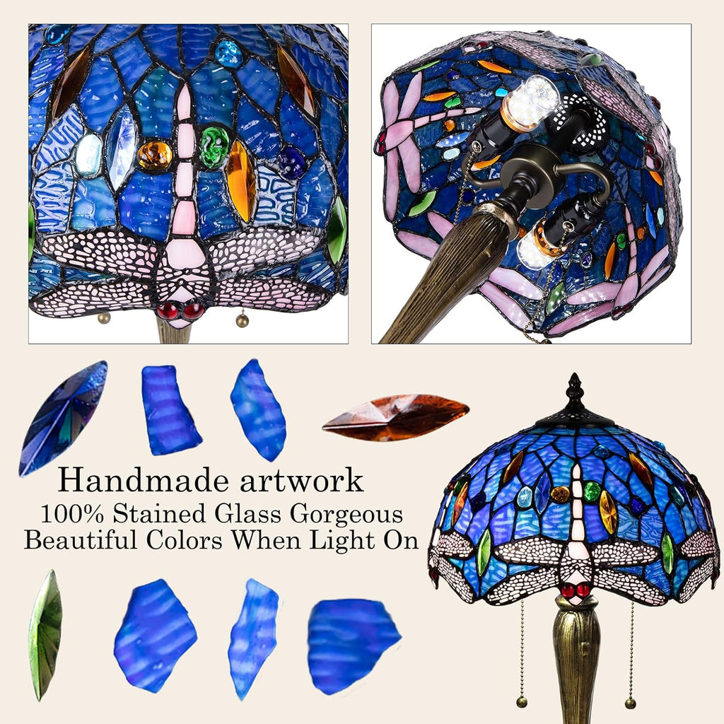 Small Tiffany Table Lamp, Blue Dragonfly Stained Glass Lamp,12 Inch Tiffany Style Lamp for Bedroom Living Room Home, Handcrafted Light, Included Bulb