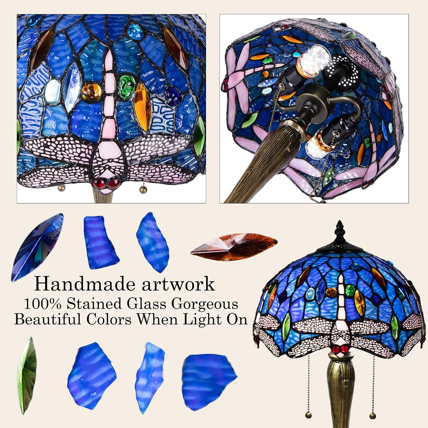 Small Tiffany Table Lamp, Blue Dragonfly Stained Glass Lamp,12 Inch Tiffany Style Lamp for Bedroom Living Room Home, Handcrafted Light, Included Bulb