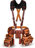 ABRIX Heavy Duty Tool Belt for Men – 4MM Thick Genuine Leather, Brass Buckle & Rivets | Foam Padded Comfort | 28-Pocket Carpenter & Framing Rig with Suspender | Work Belt Fit upto 32' to 52'