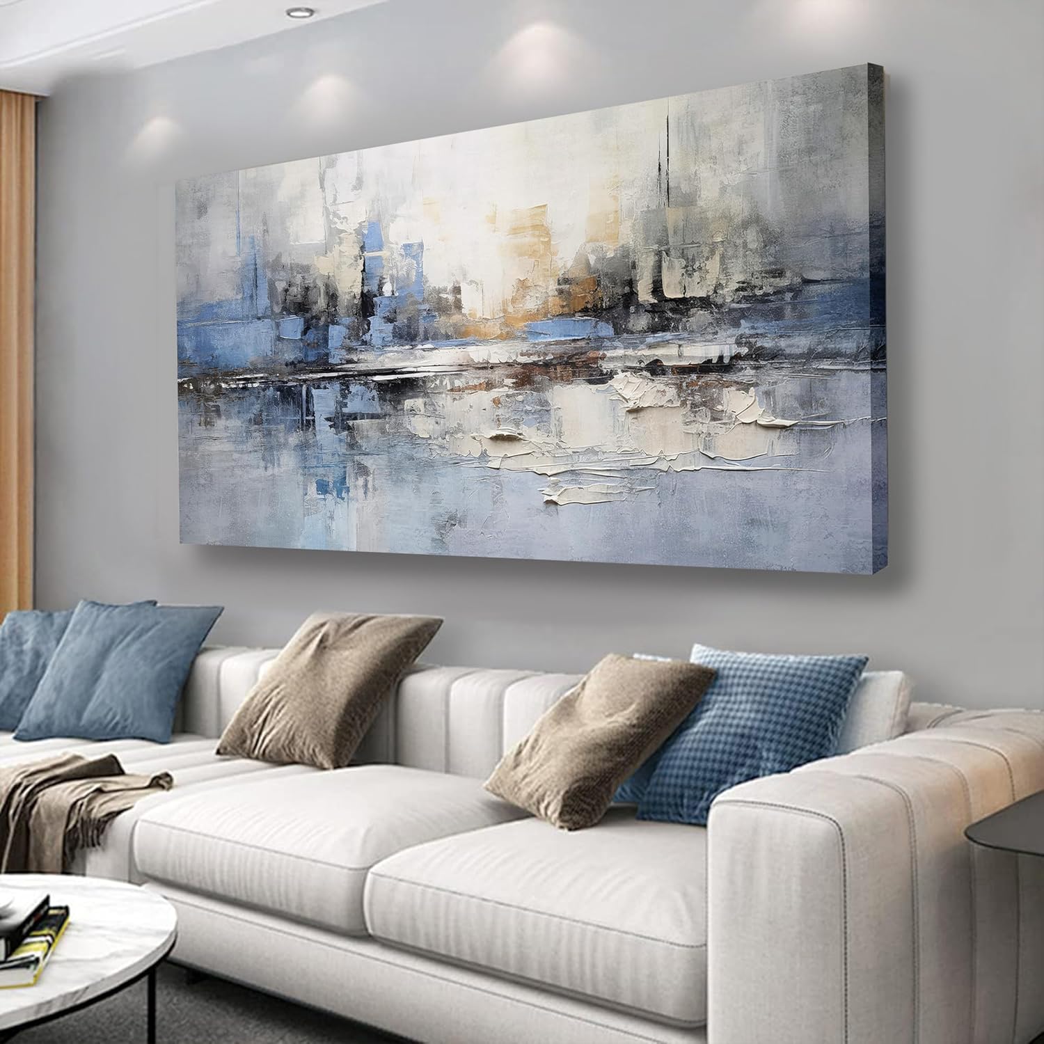 VHMING Abstract Wall Art Wall Decor Blue and Gray White Modern Canvas Wall Paintings Abstract Artwork for Living Room Bedroom Bathroom Office Home Decor Can Be Hung Directly 29'x 58'