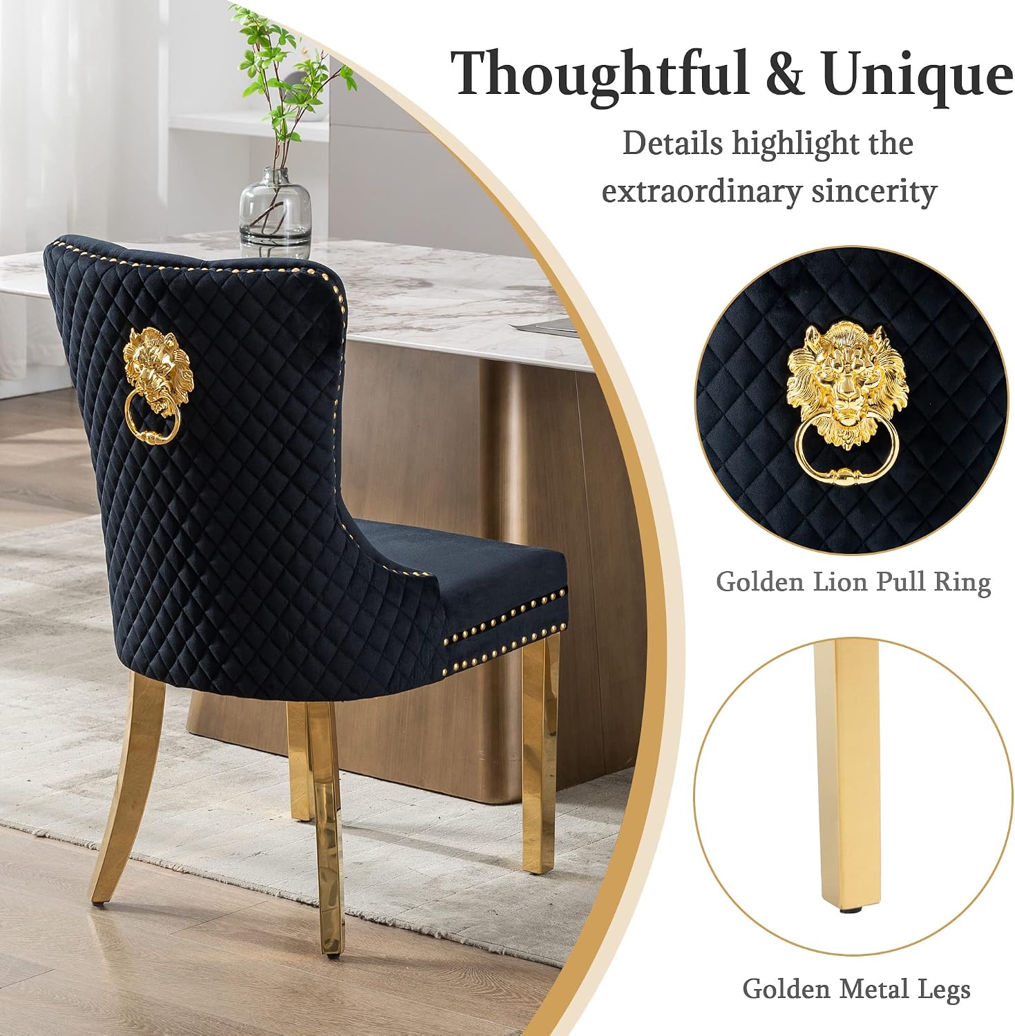 civama Dining Chairs Set of 6, Elegant Luxury Velvet Tufted Dining Chairs Golden Legs & Nailhead Trim, Back Lion Head Pull Ring & Rhomboid Pattern, Nikki Collection Armless Kitchen Chair, Black