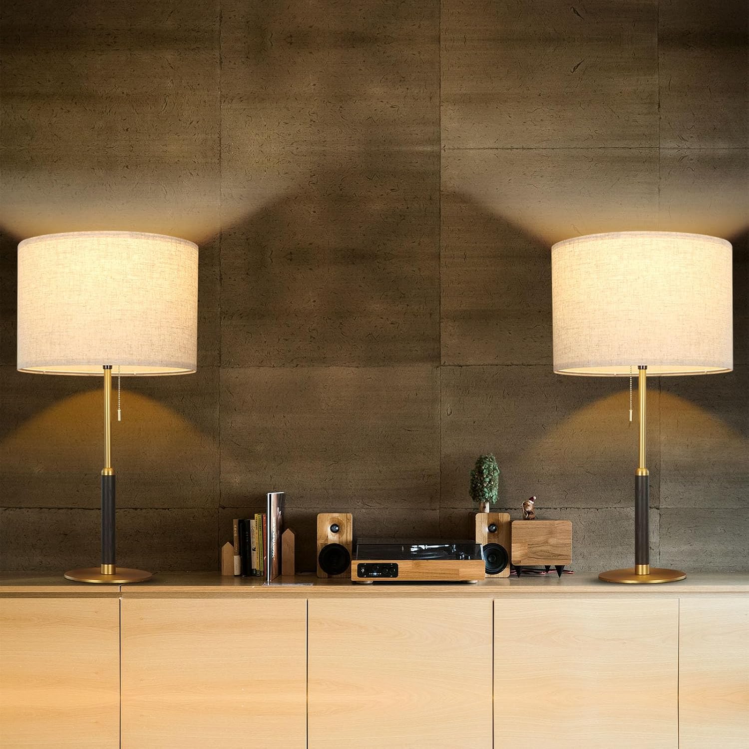 26.4' Set 2 Pull Chain Table Lamp Modern Mid Century Bedside Lamps for Living Room End Tables 3-Color Light for Bedroom, Solid Wood/Metal/Fabric Lamp for Home/Office/Desk (Light Brown+Brass)