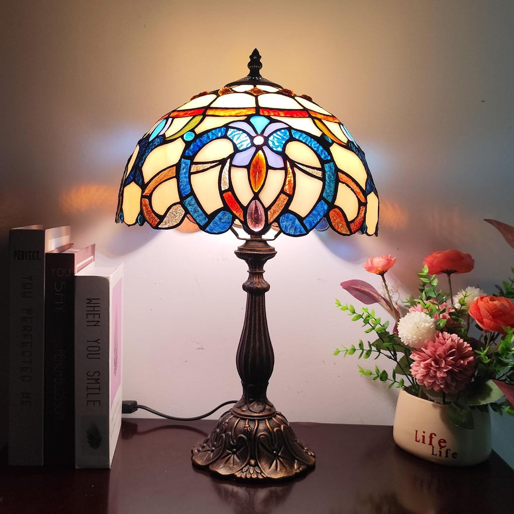 Tiffany Style Table Lamp Yellow Baroque Style Stained Glass Lamp, 12 Inch Antique Bedside Nightstand Light Home Decor for Bedroom Living Room, Included LED Bulb