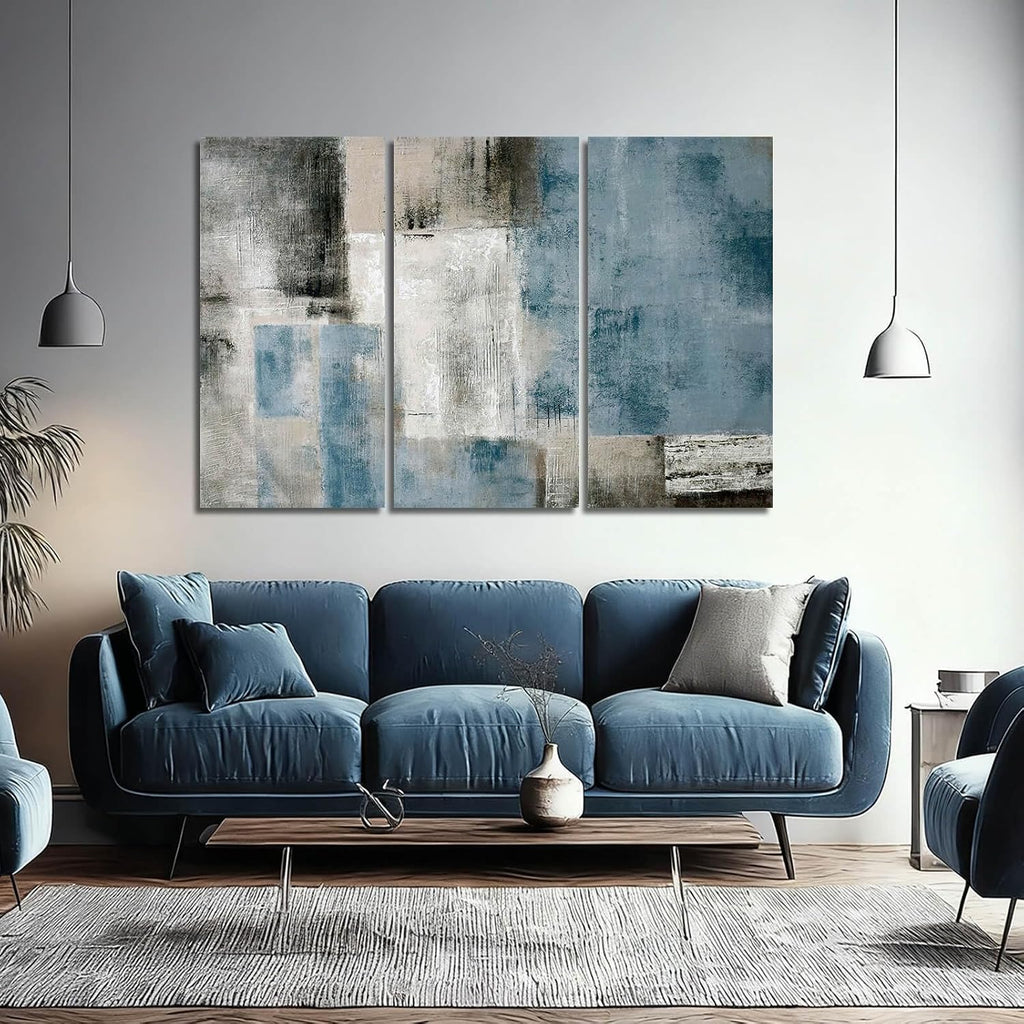 SDYA Blue Abstract Wall Art Set Of 3 Canvas,20x40 Inch Modern Blue Grey Minimalist Painting, Contemporary Wall Decor for Living Room Bedroom Office