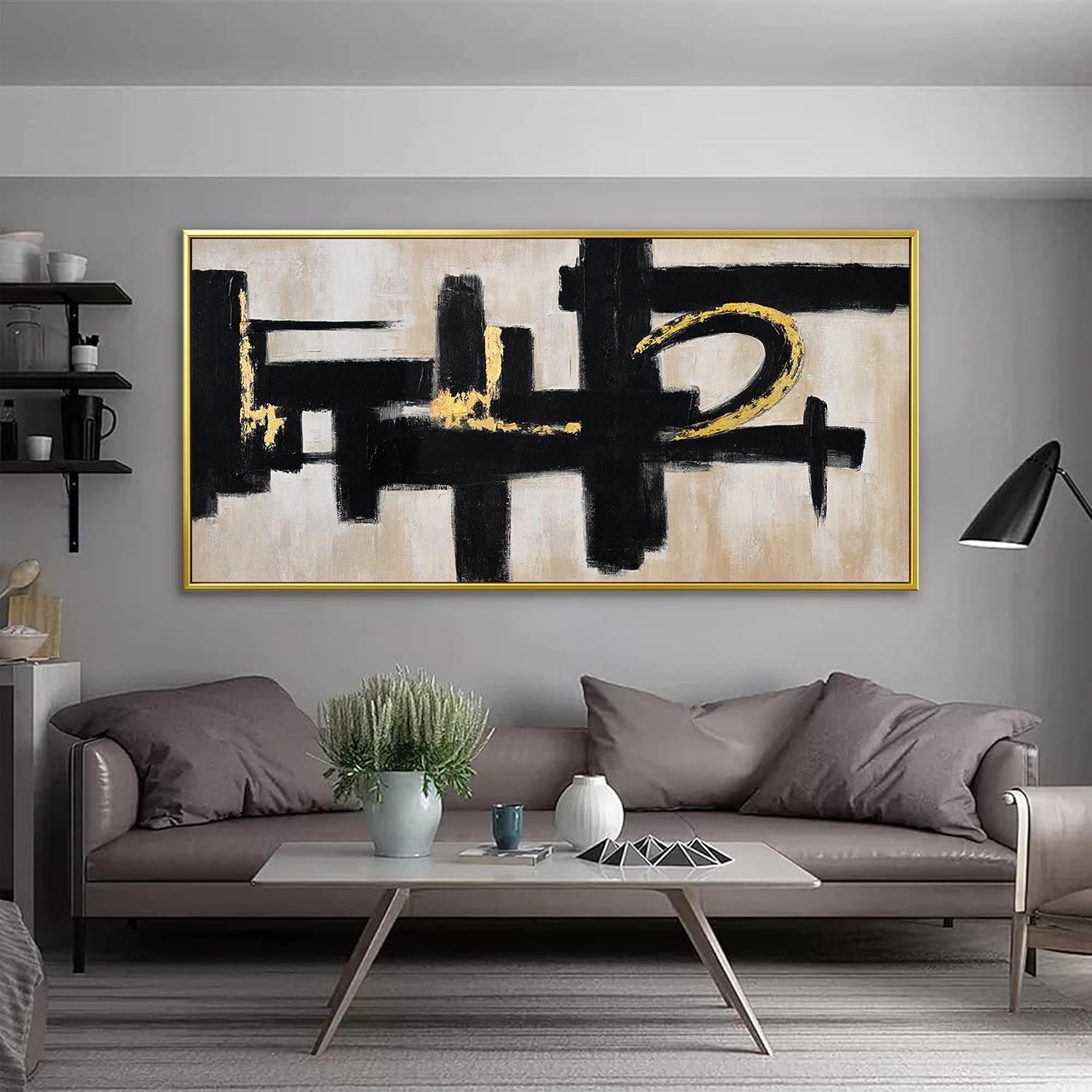 QSQ Black And Off-White Wall Art Abstract Picture Paintings On Canvas Art Wall Decor 29 x 58 Inches Large Gold Framed Wall Art Living Room Minimalism Abstract Wall Decor Bedroom Office Artwork