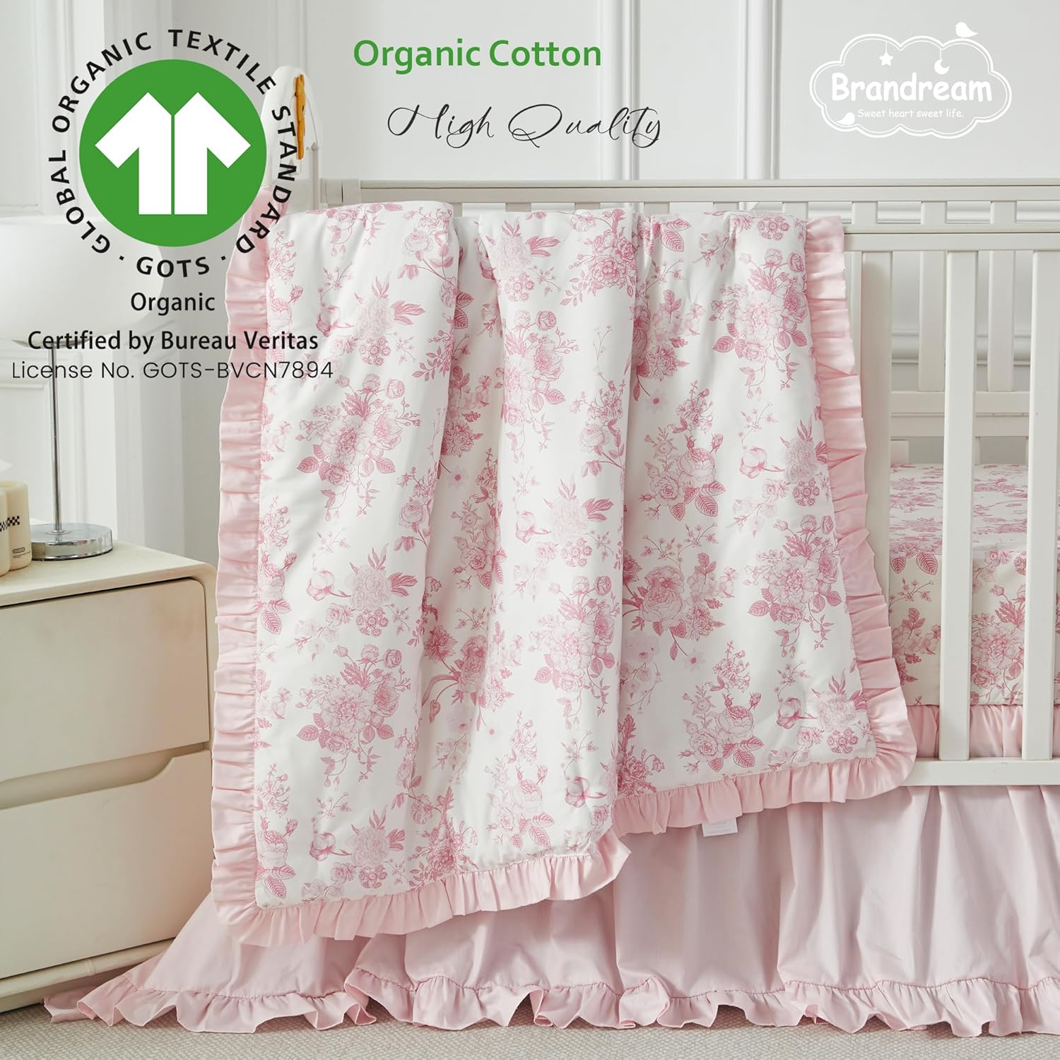 Brandream French Country Toile Crib Bedding Set for Girls Pink Grandmillennial Toile Vintage Floral Print 100% Cotton Baby Girl Nursery Bedding - Ruffles Quilt,Toile Crib Sheet,Crib Bed Skirt,3 Pieces