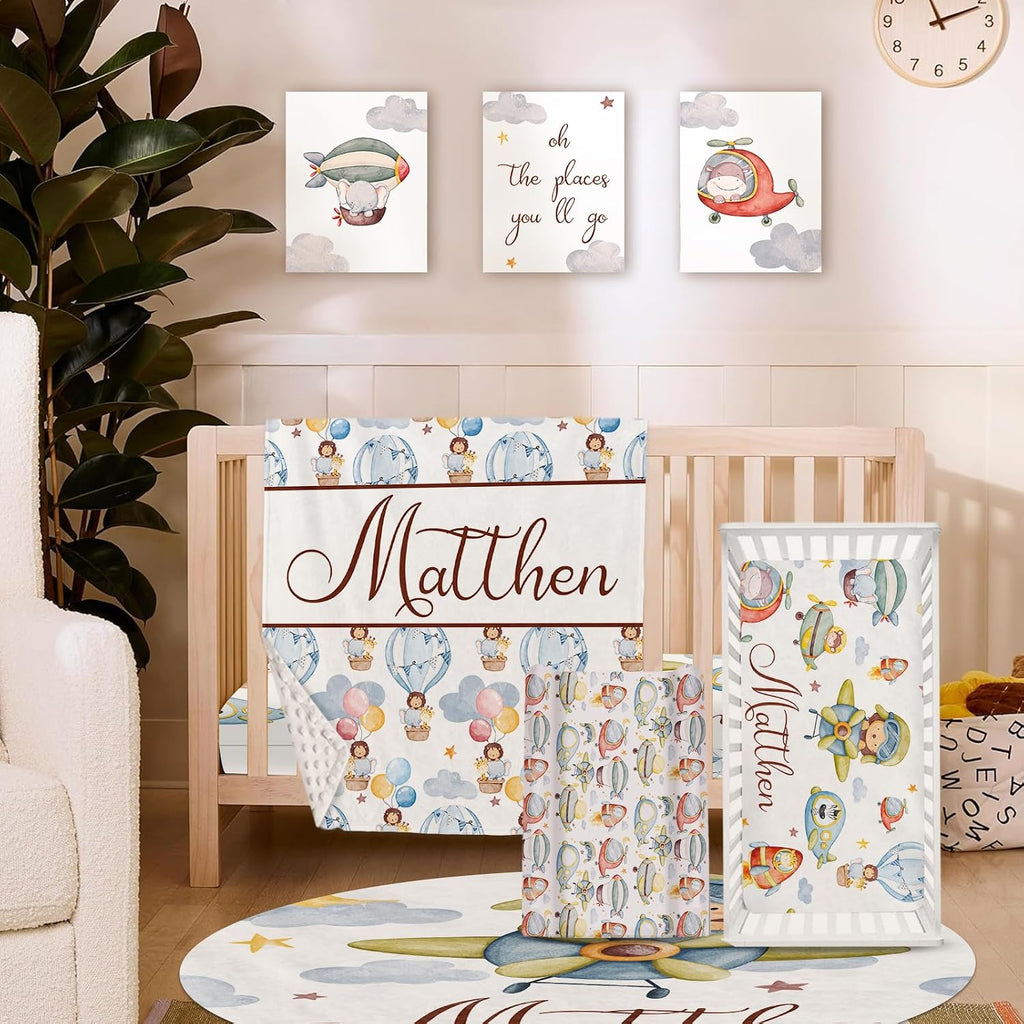 Personalized Crib Bedding Set for Baby Boys Girls, Custom Name Baby Crib Sets 5-Pcs - Toddler Double Layer Blanket Fitted Sheet Changing Pad Cover Rug Wall Art Set, Balloon Clouds Theme Nursery Décor