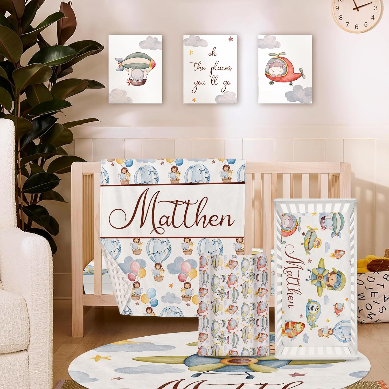 Personalized Crib Bedding Set for Baby Boys Girls, Custom Name Baby Crib Sets 5-Pcs - Toddler Double Layer Blanket Fitted Sheet Changing Pad Cover Rug Wall Art Set, Balloon Clouds Theme Nursery Décor