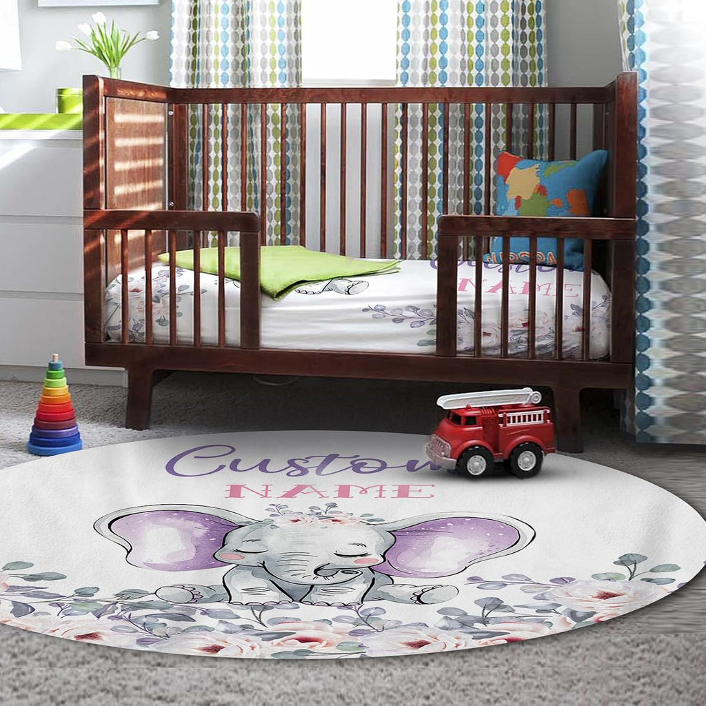 Personalized Baby Crib Bedding Set for Baby Girls, Light Purple Elephant Pattern Custom Name Baby Crib Sets 5-Pcs, Toddler Double Layer Blanket Fitted Sheets Changing Pad Cover Rug Wall Art Set