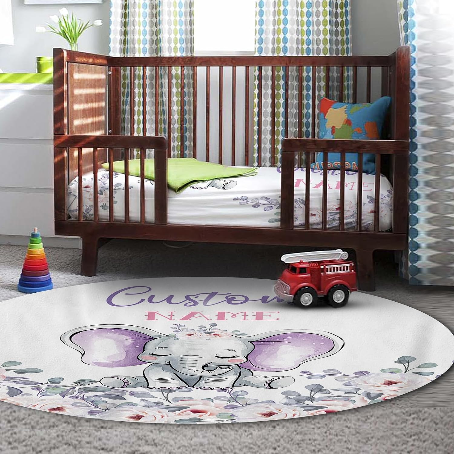 Personalized Baby Crib Bedding Set for Baby Girls, Light Purple Elephant Pattern Custom Name Baby Crib Sets 5-Pcs, Toddler Double Layer Blanket Fitted Sheets Changing Pad Cover Rug Wall Art Set