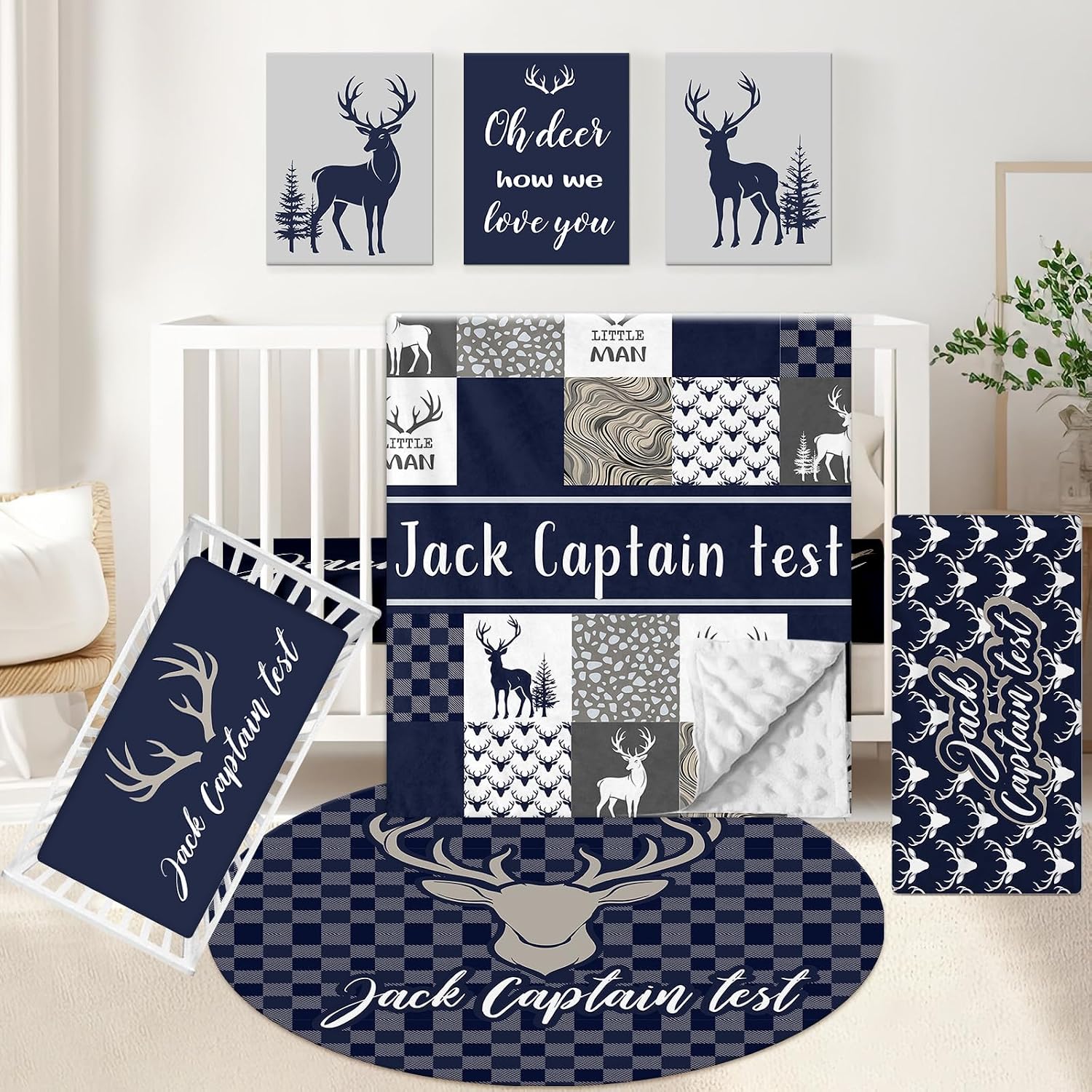 KAINSY Personalized Baby Bedding Set, 5 Pcs Custom Name Crib Bedding Set, Double Layer Blue Nursery Bedding Set for Baby Boys, Woodland Deer Baby Crib Set, Gifts for Toddlers Infants New Parents