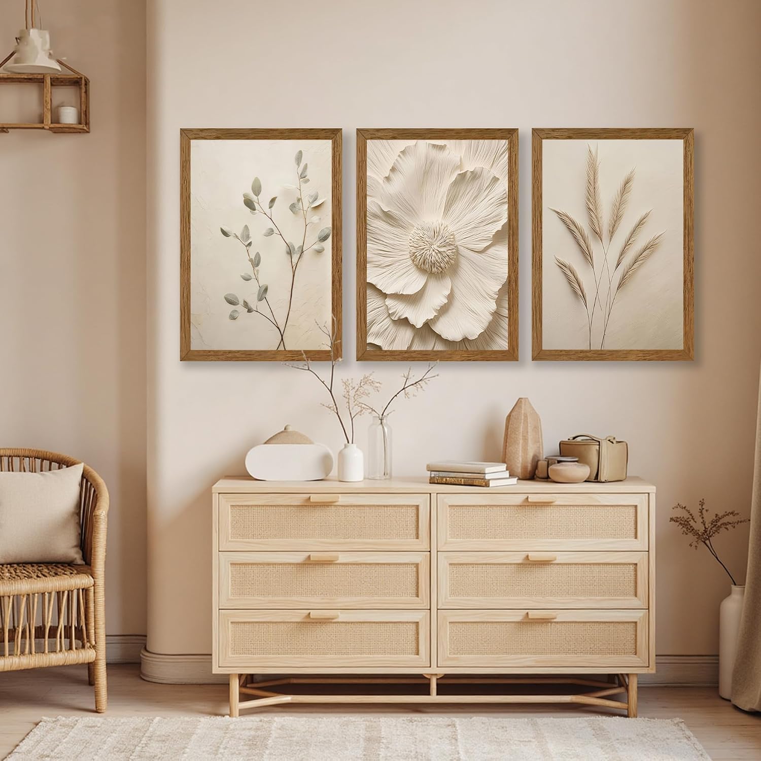 JLTULT 3 Piece Framed Neutral Beige Floral Canvas Wall Art, Modern Simple Texture Blossom Wall Decor, Vintage Botanical Flower Art Prints for Living Room Bedroom Farmhouse 20x30 inch Ready to Hang