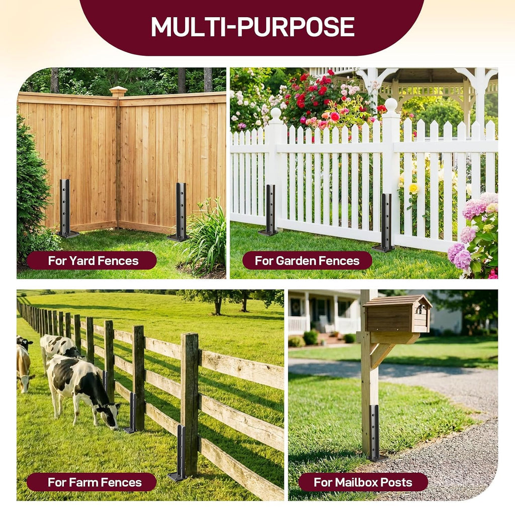Goovilla Fence Post Repair Kit, 8Pcs Heavy Duty Fence Post Anchor Ground Stakes, Robust Quick-Fix Wood Support for Broken/Leaning/Tilted/Degraded Wood with Gloves/Installation, Easy to Install,Black