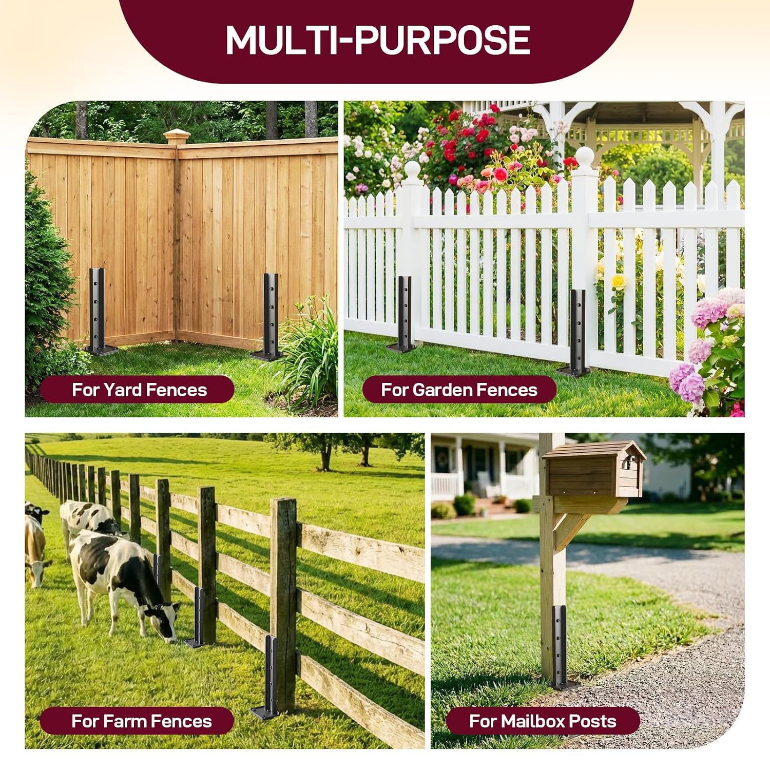 Goovilla Fence Post Repair Kit, 8Pcs Heavy Duty Fence Post Anchor Ground Stakes, Robust Quick-Fix Wood Support for Broken/Leaning/Tilted/Degraded Wood with Gloves/Installation, Easy to Install,Black