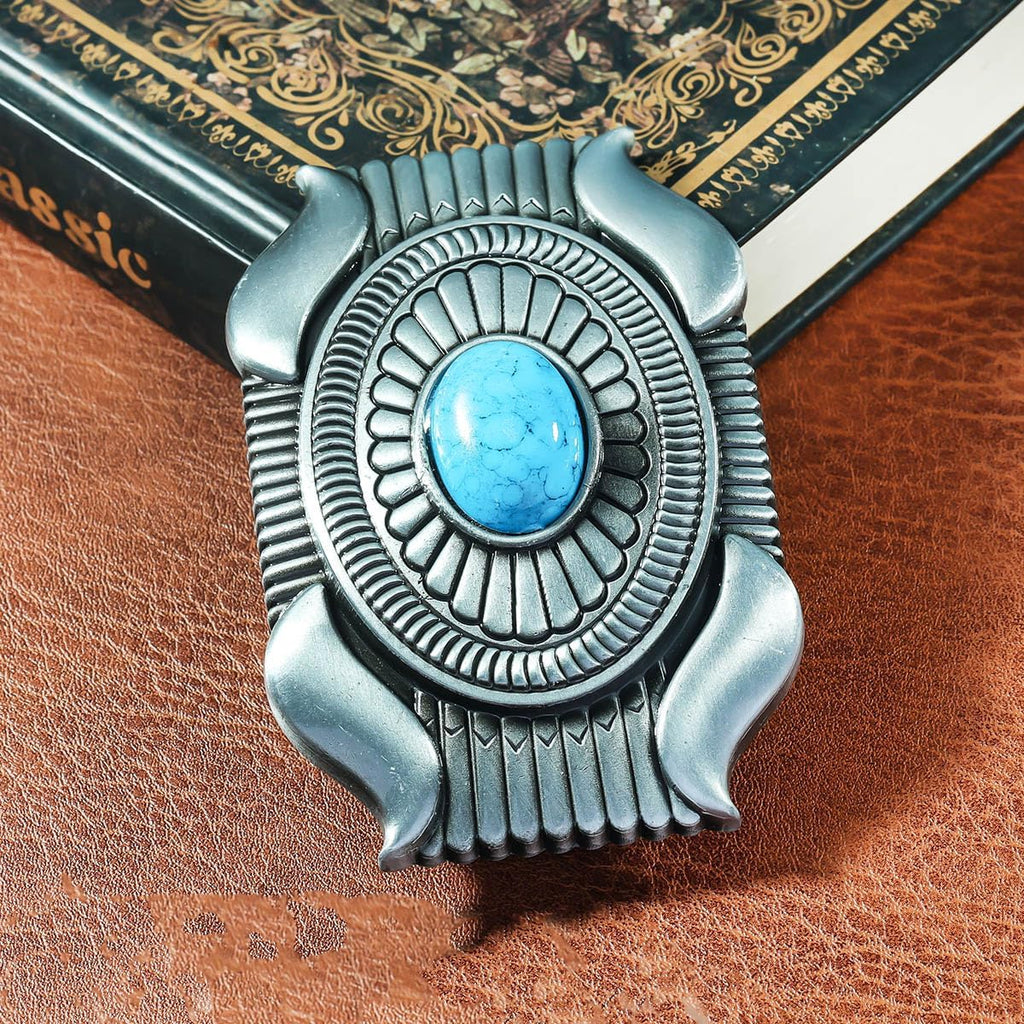 Men's Western Belt Buckle - Vintage Turquoise with Native American & Cowboy Elements
