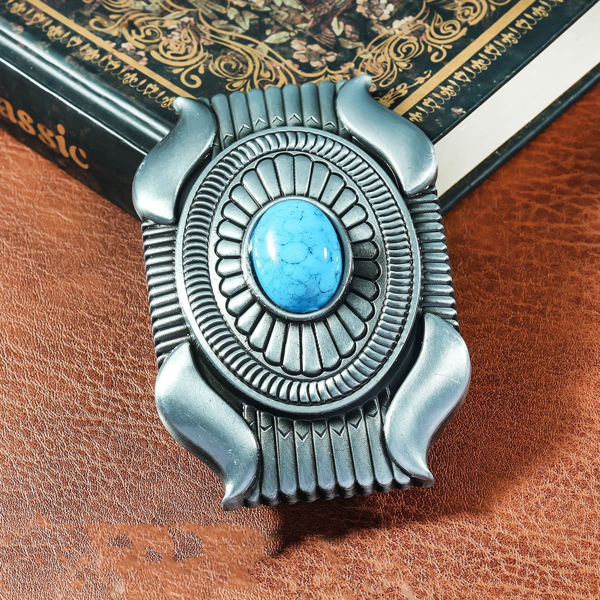 Men's Western Belt Buckle - Vintage Turquoise with Native American & Cowboy Elements