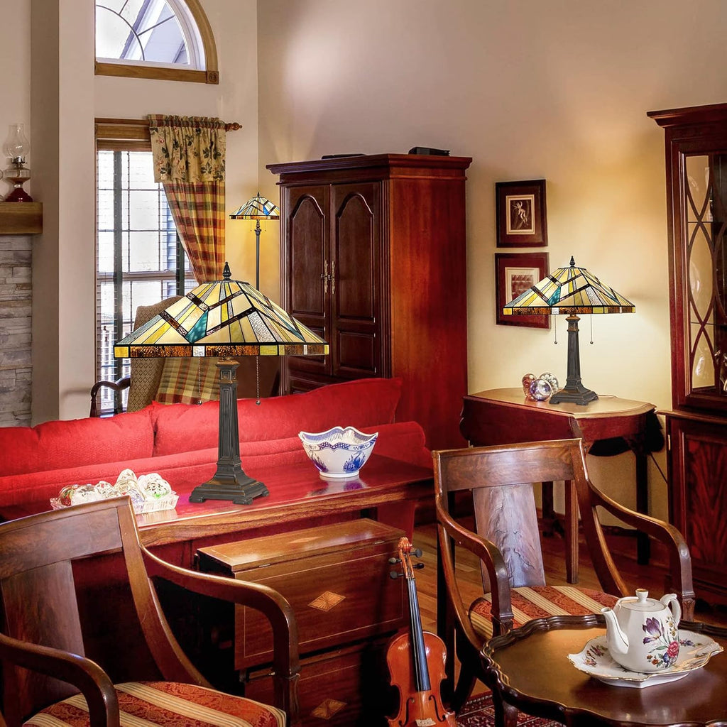Capulina Tiffany Lamp Stained Glass Table Lamp 2-Light 16 Inches Wide Cream Amber Antique Mission Style Desk Lamp for Bedrooms Living Room Study Home Office
