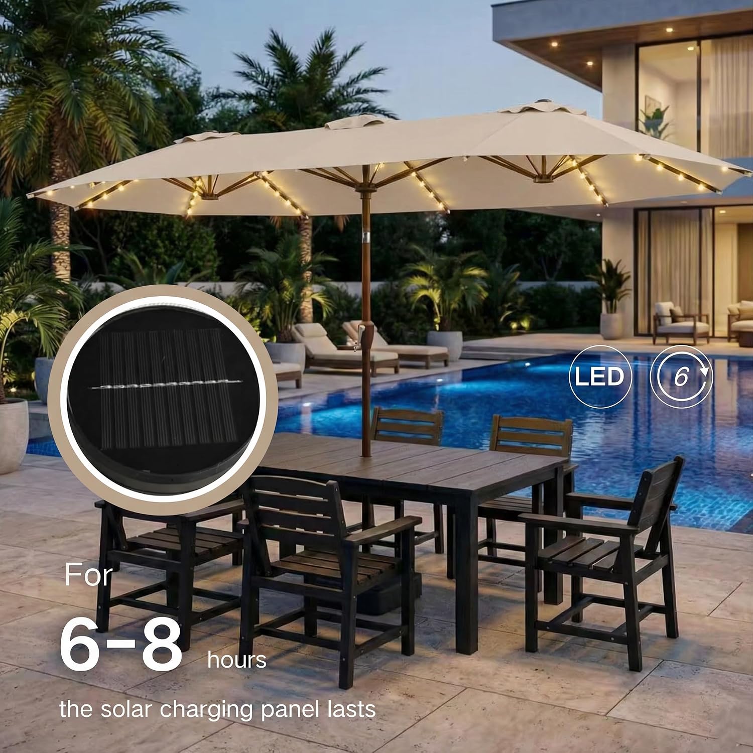 Kingdura 13ft Large Patio Umbrella with Solar Lights, Double-Sided Rectangle Outdoor Table Umbrella with Base Included, 12 Reinforced Ribs, 48 Led Lights, Crank Lift for Market Pool Deck, Beige