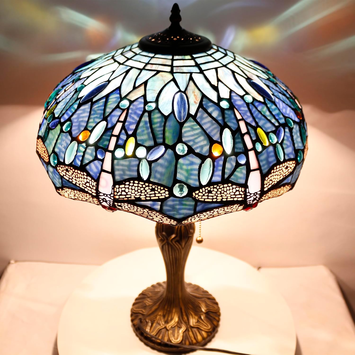 WERFACTORY Tiffany Lamp Blue Stained Glass Dragonfly Style Bedside Table Lamp 16X16X24 Inch Desk Reading Light Metal Base Decor Bedroom Living Room Home Office S631 Series