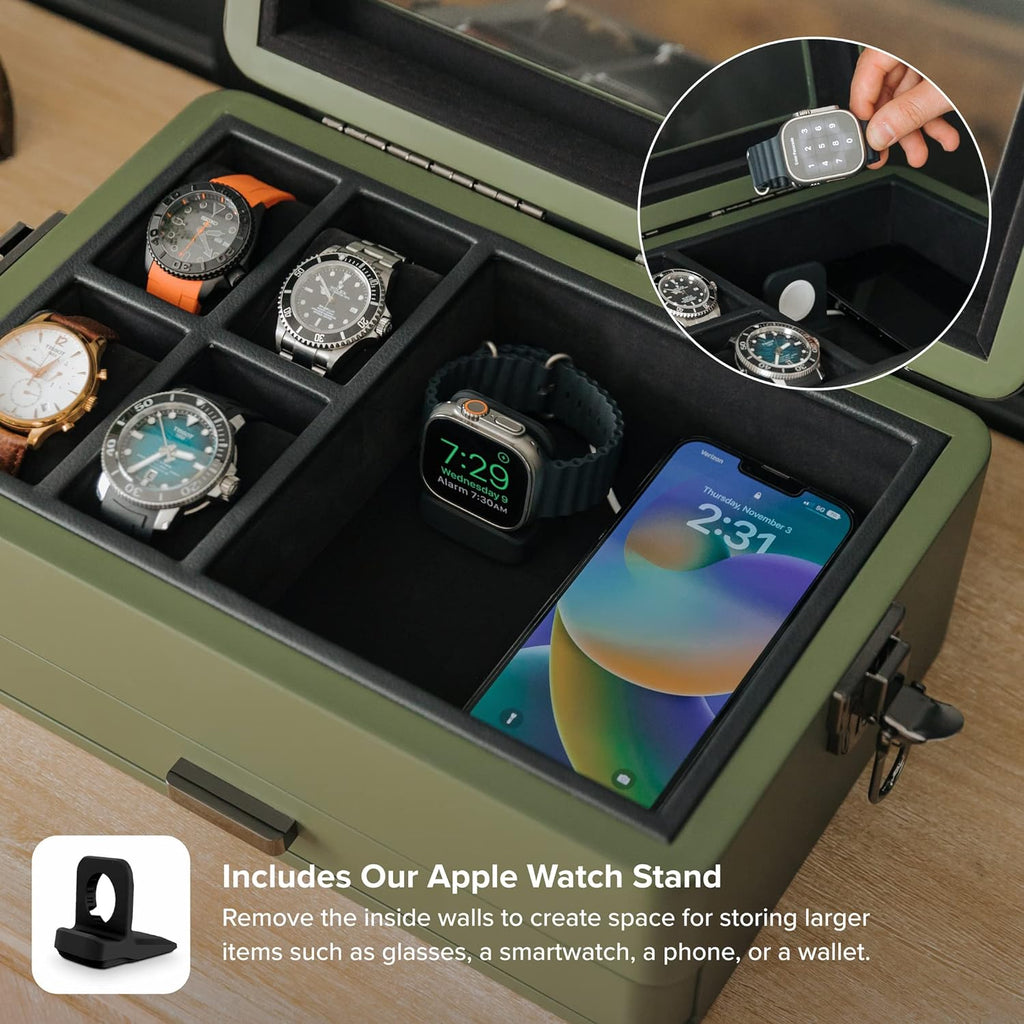 CASE ELEGANCE Military 10 Slot Watch Box Case Organizer for Men, Real Glass Top, Modular Valet Tray, Apple Watch Compatible with Apple Watch Stand, Accessory Drawer, Watch Pillow Stands