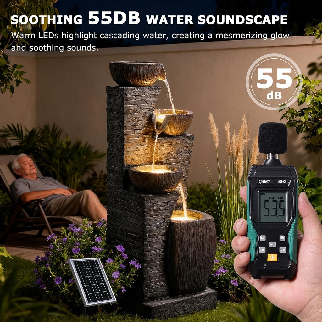 38.2' Tall Solar Water Fountain Outdoor Garden,4 Tiers Modern Cascading Bowls and Stacked Stones Solar Powered Fountains with LED Lights for Garden, Patio, Deck, Porch, Backyard, Lawns