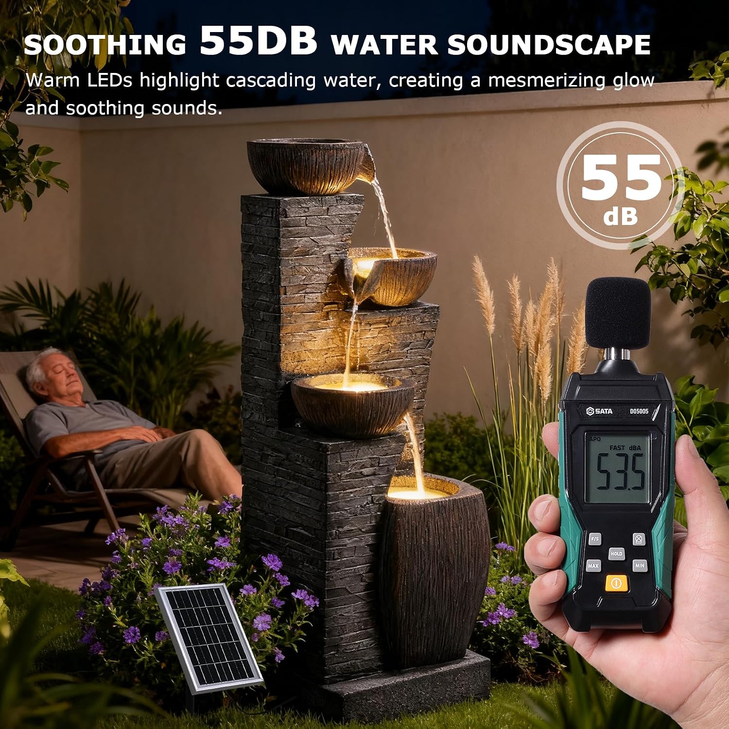 38.2' Tall Solar Water Fountain Outdoor Garden,4 Tiers Modern Cascading Bowls and Stacked Stones Solar Powered Fountains with LED Lights for Garden, Patio, Deck, Porch, Backyard, Lawns