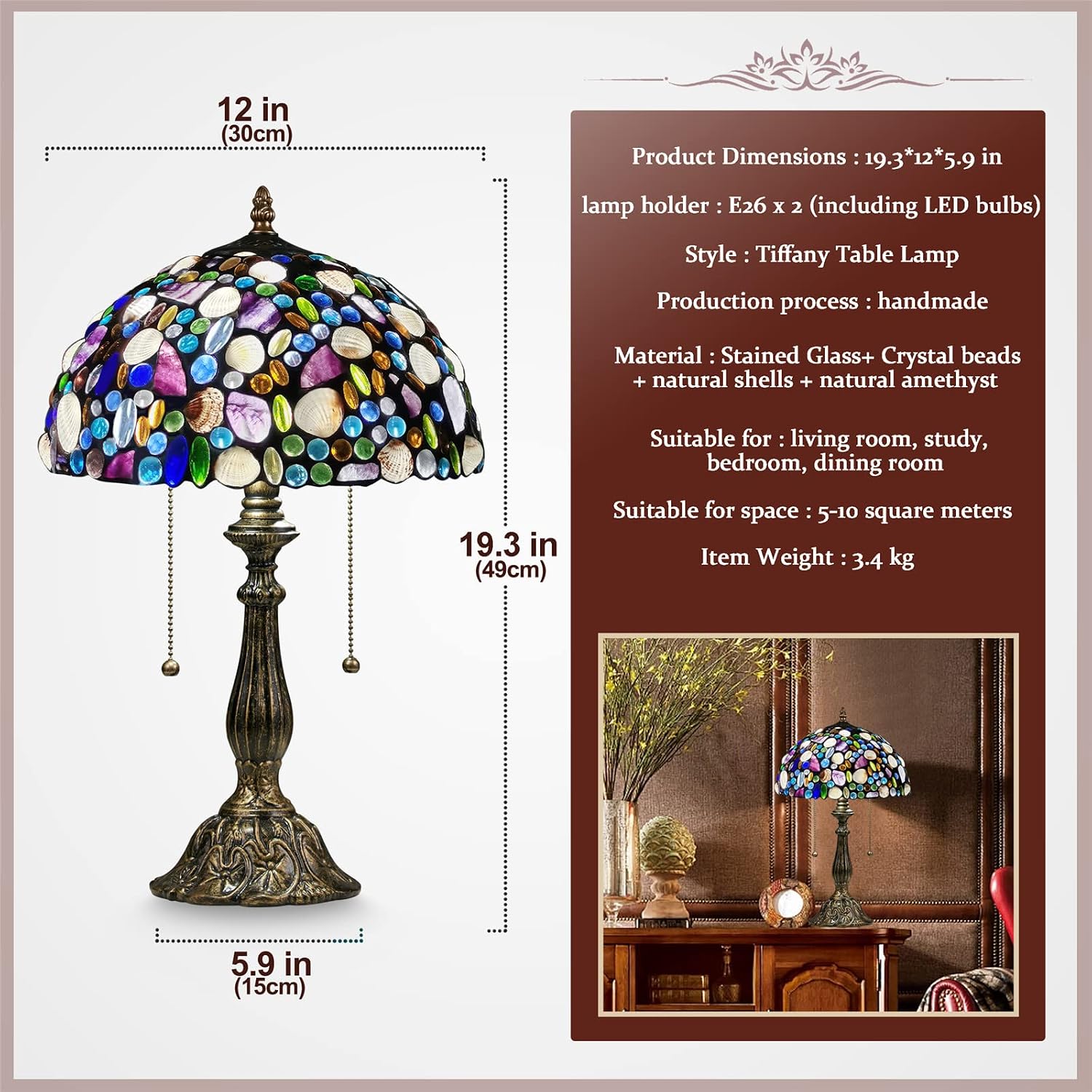 Tiffany Table Lamp,Stained Glass Lamp with Natural Shell,12' Vintage 2-Light Handmade Tiffany Style Lamp,Tiffany Bedside Light for Bedroom Living Room Office(2 LED Bulbs Included)