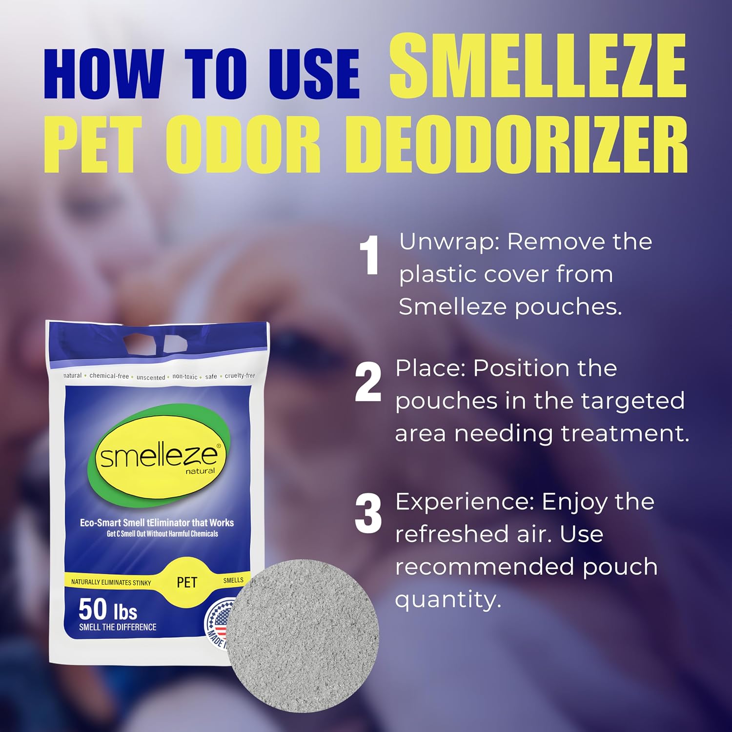 SMELLEZE Natural Pet Odor Eliminator Deodorizer: 50 lb. Unscented Granules Rids Strong Pet Waste Stench. Perfect for Pet or Small Animal Habitats. Mix with Bedding