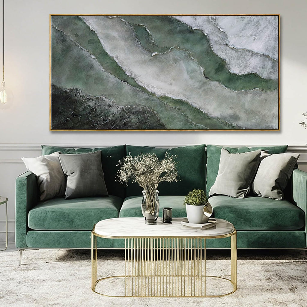 Green and White Abstract Wall Art 29x58 Inch, Large Framed Canvas Painting with Wooden Frame, Modern Abstract Wall Decor for Living Room Bedroom Dining Room or Office