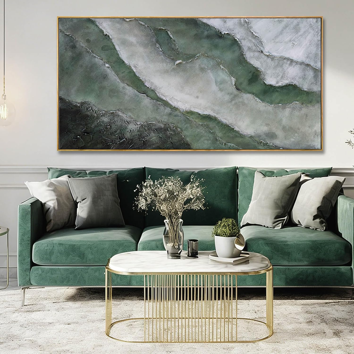 Green and White Abstract Wall Art 29x58 Inch, Large Framed Canvas Painting with Wooden Frame, Modern Abstract Wall Decor for Living Room Bedroom Dining Room or Office