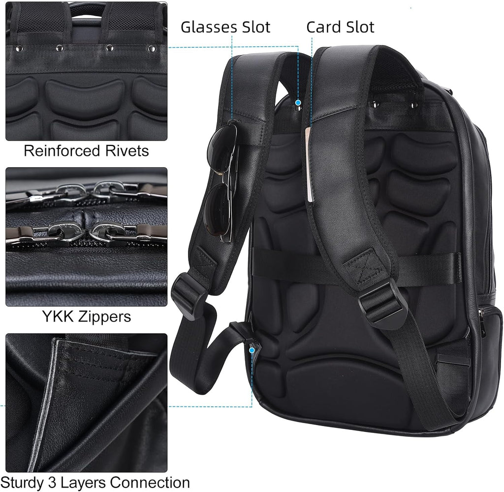 Masa Kawa Black Genuine Leather 17' Laptop Backpack for Men Large Summer Business Travel Rucksack Bag Overnight Daypack