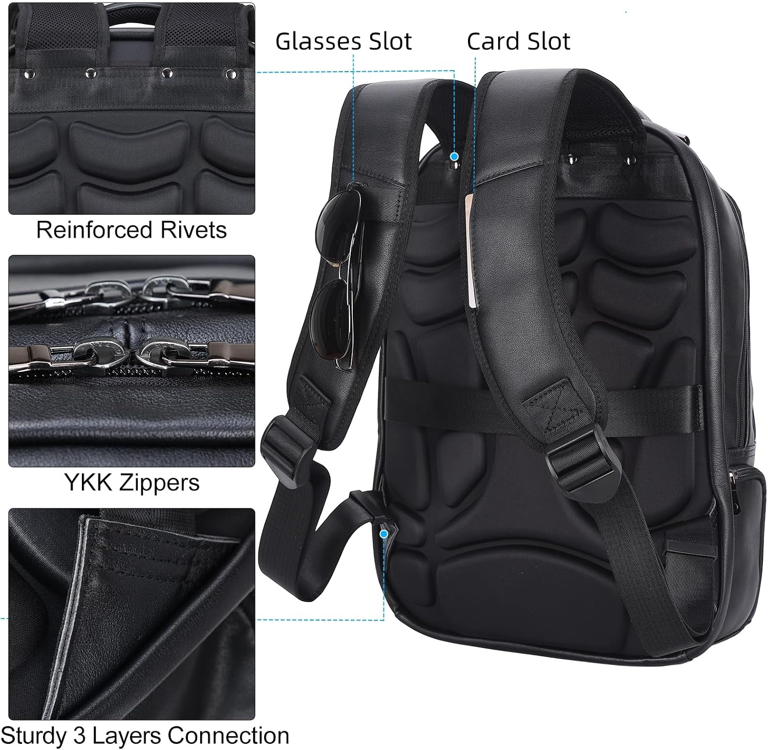 Masa Kawa Black Genuine Leather 17' Laptop Backpack for Men Large Summer Business Travel Rucksack Bag Overnight Daypack
