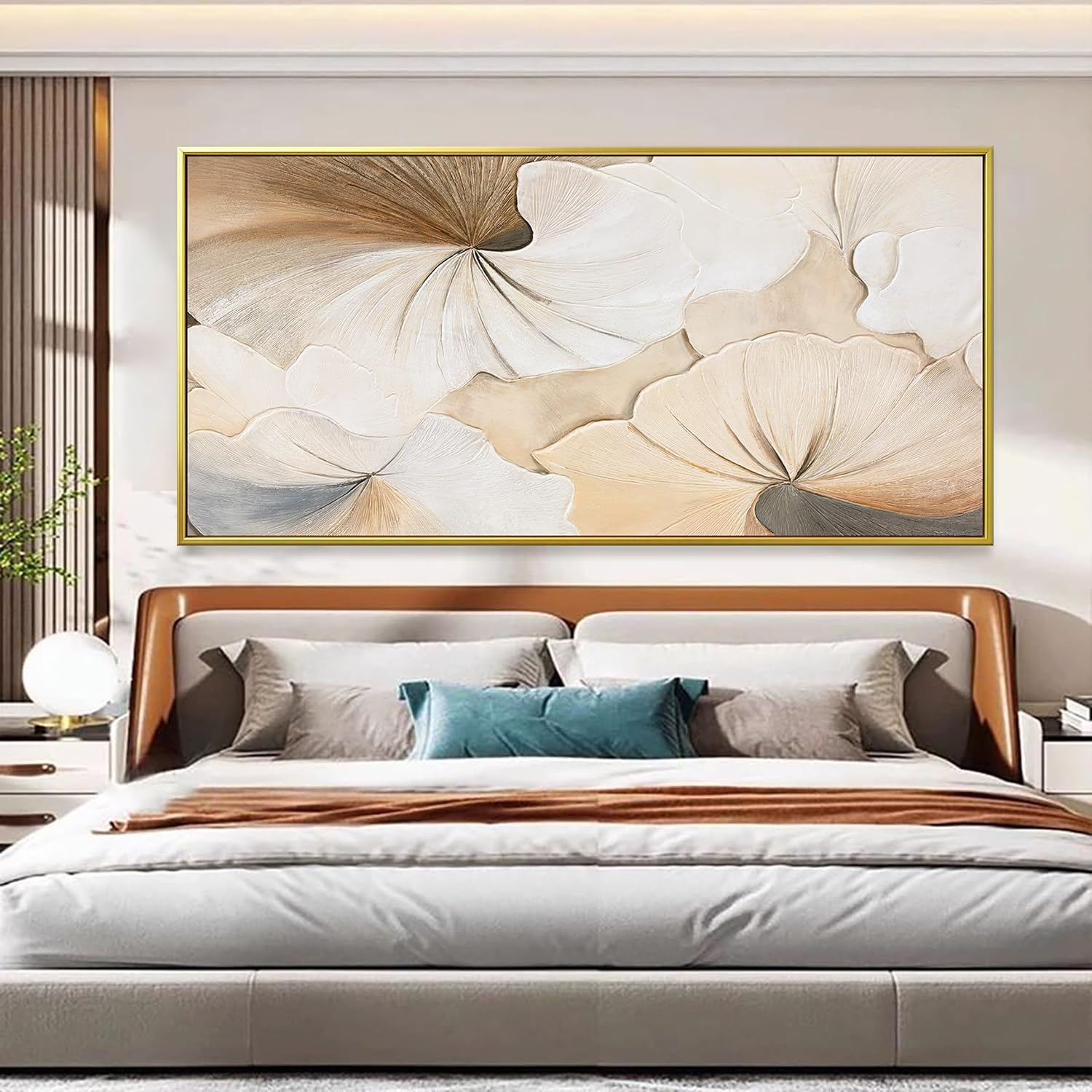 Canvas Art Wall Decor Large Size Gold Framed Wall Art For Living Room Modern Abstract Wall Decor Prints Pictures Brown White Flower Wall Art Picture For Bedroom Hotel Home Artwork 29x58 Inch