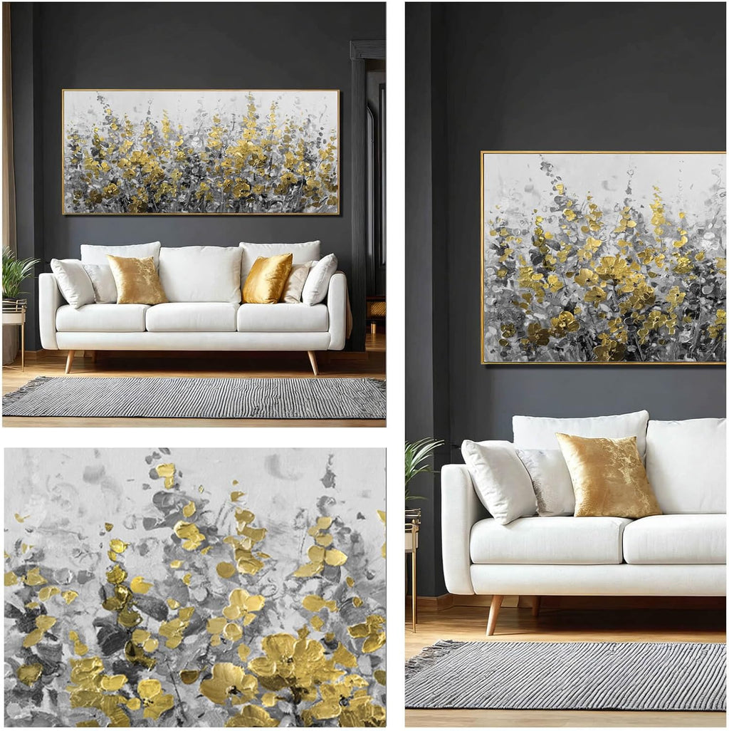 WINKAILIN Black Gold Wall Art Abstract Oil Flower Canvas Grey Painting Modern 32x70 Plant Artwork with Frame for Living Room Office Decoration