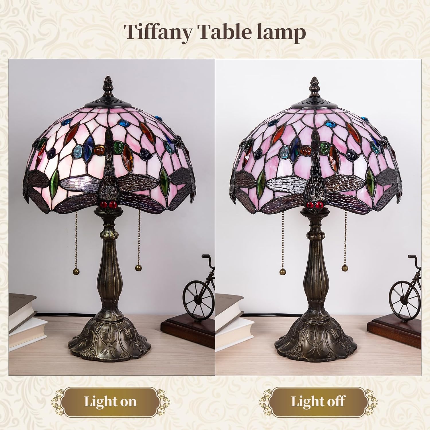Tiffany Table Lamp, Pink Dragonfly Stained Glass Lamp,12 Inch Tiffany Style Lamp for Bedroom Living Room Home, Handcrafted Light, Included Bulb
