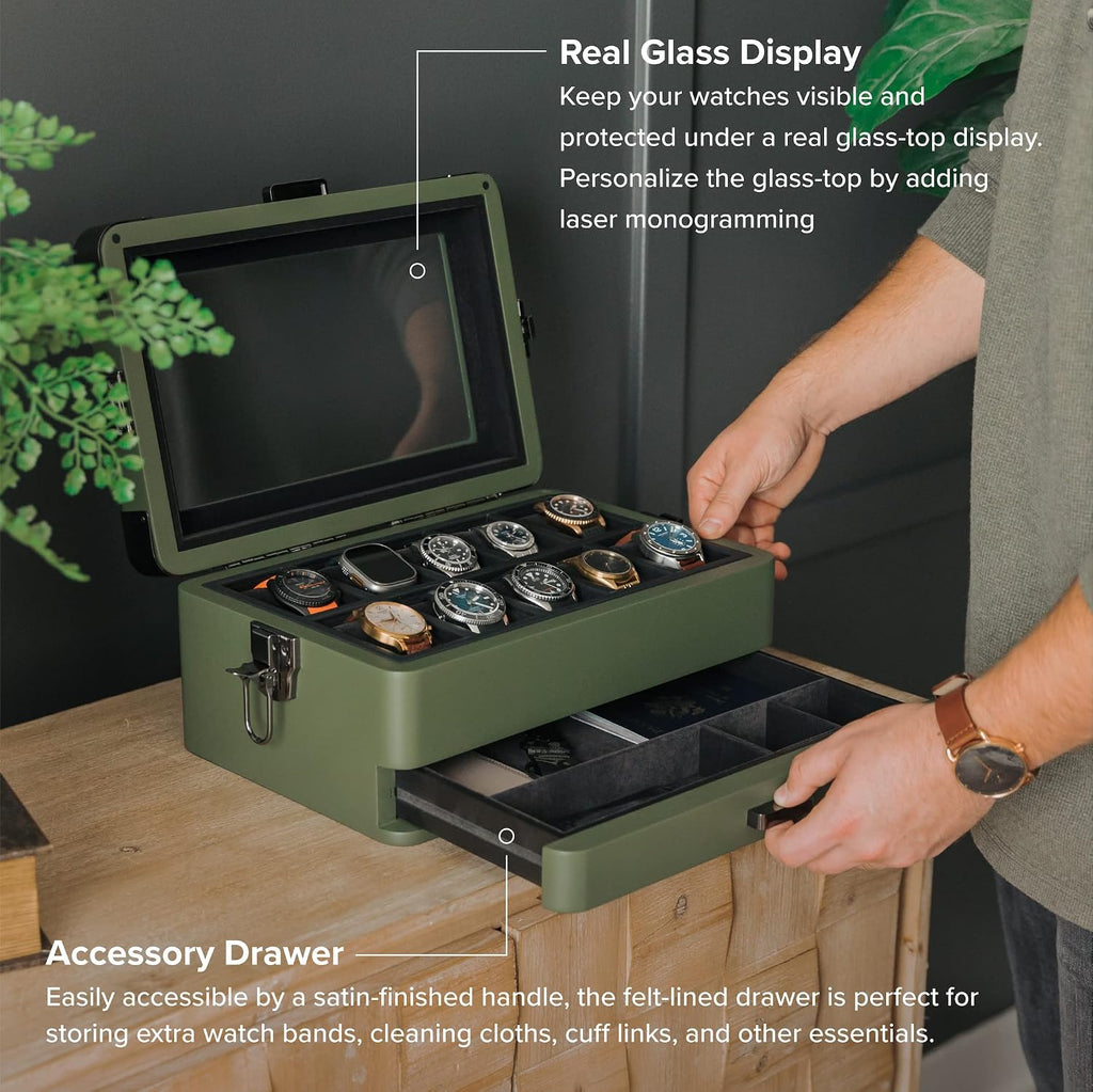 CASE ELEGANCE Military 10 Slot Watch Box Case Organizer for Men, Real Glass Top, Modular Valet Tray, Apple Watch Compatible with Apple Watch Stand, Accessory Drawer, Watch Pillow Stands